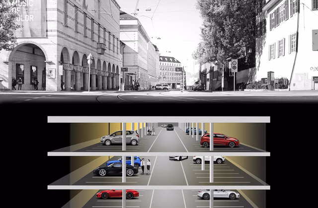 Long-term parking spaces in the underground car park at the Kunstmuseum Basel